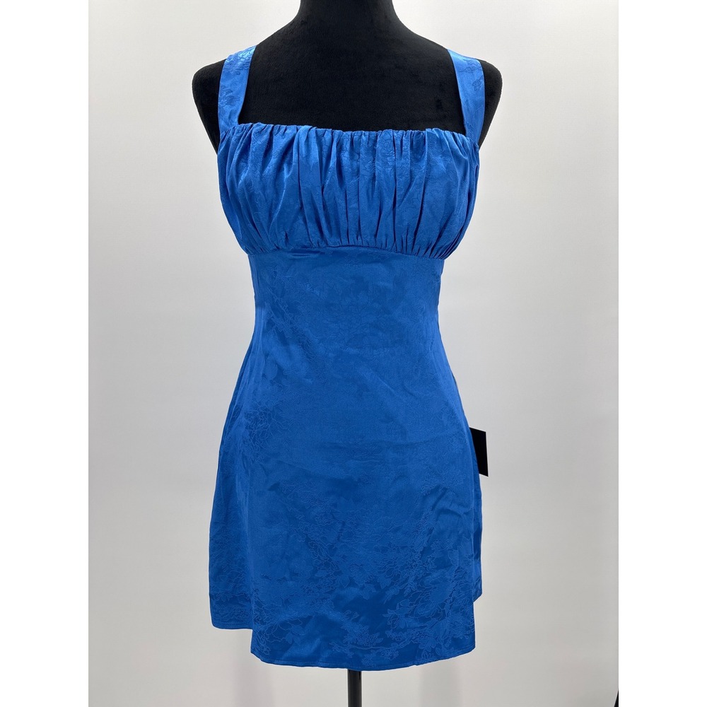 Lulus Exquisite Outlook Royal Blue Floral Jacquard Satin Lace Up Mini Dress S - Picture 5 of 12